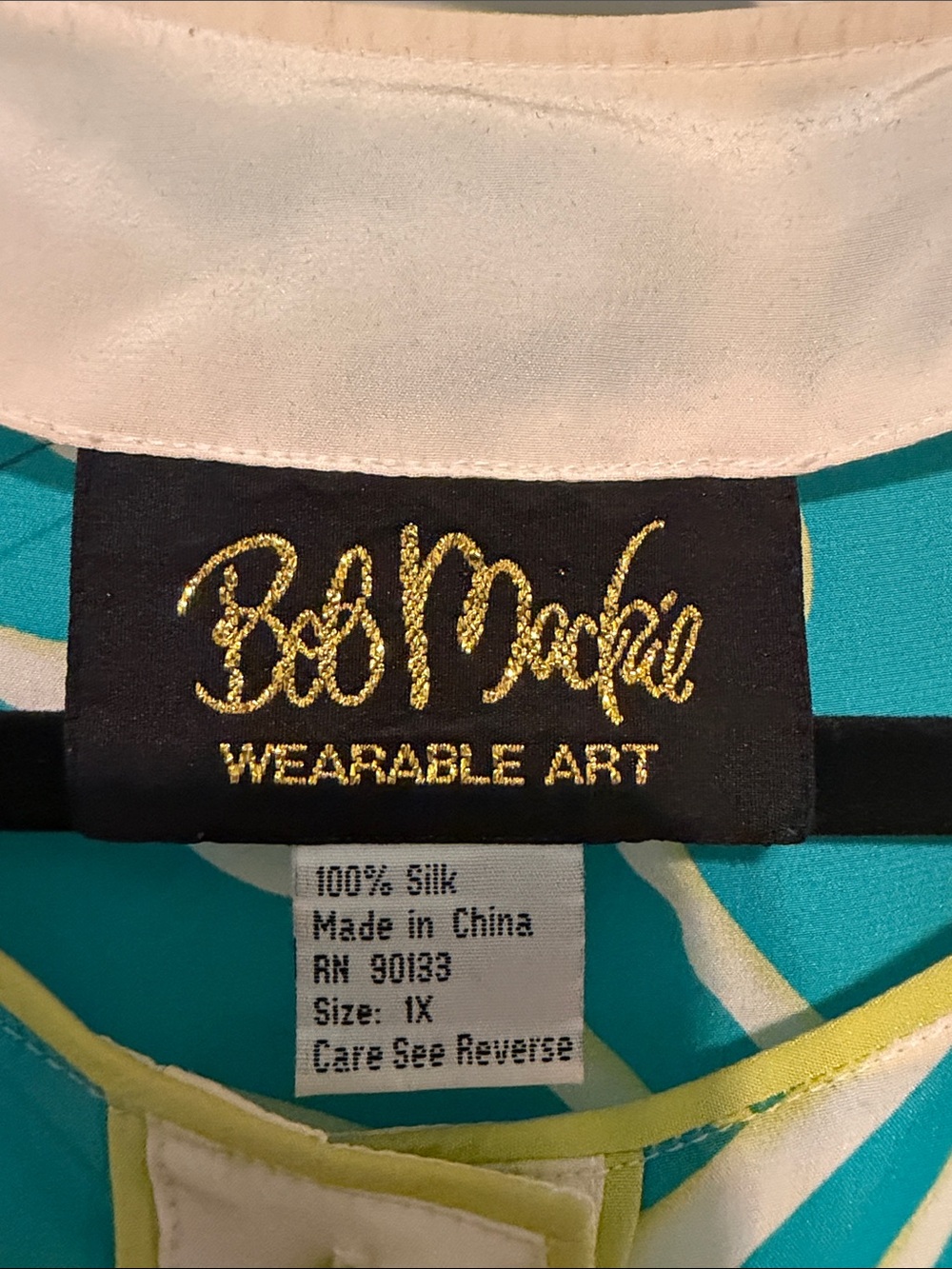 Vintage Bob Mackie 100% Silk Teal and White Zebra Stripe Blouse with Lime Trim - Picture 2 of 7
